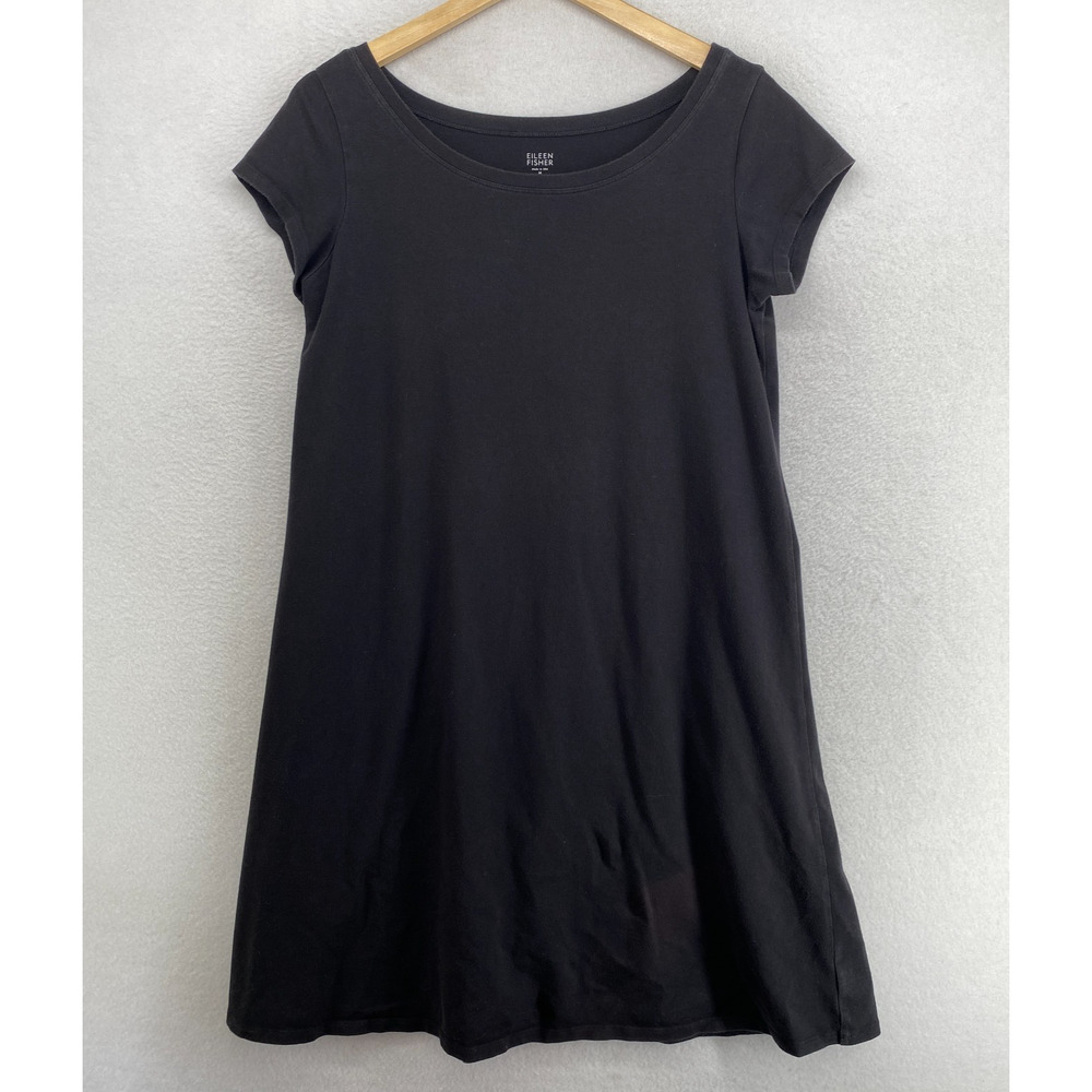 EILEEN FISHER Dress M Stretch Organic Cotton Jersey T-Shirt Cap Sleeve Black USA